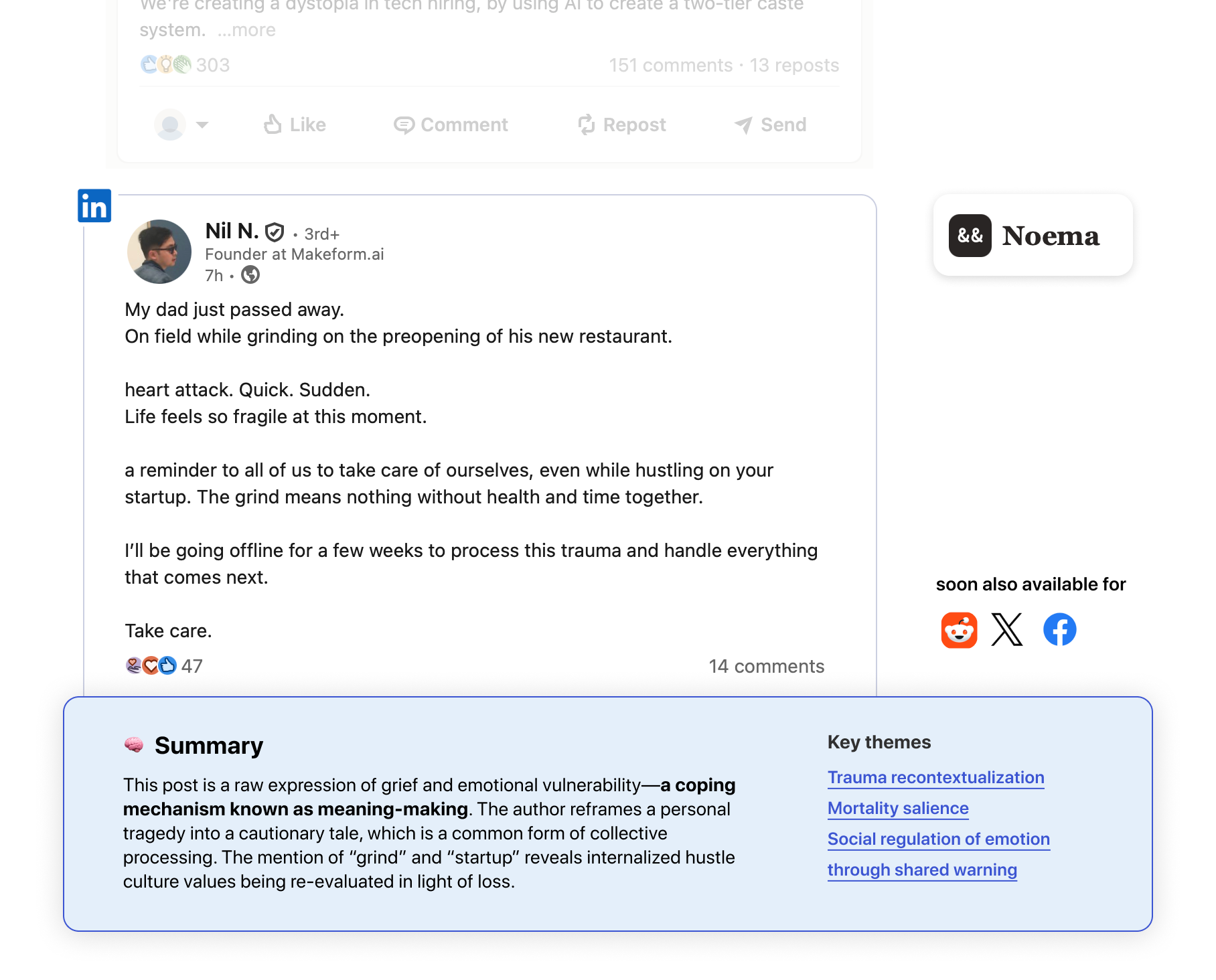 LinkedIn post by Nil N. about his father's passing, with Noema analysis showing psychological themes like trauma recontextualization and mortality salience